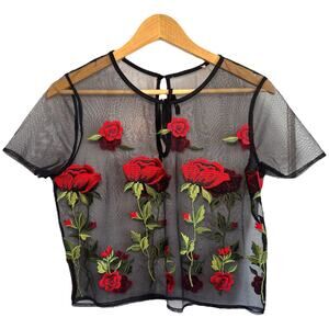 Boutique sheer embroidered rose mesh crop top y2k coquette blouse
